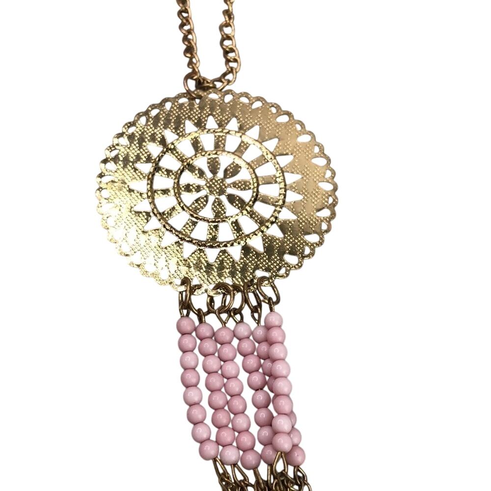 Boho gold tone pink round pendant tassel chain bead  necklace